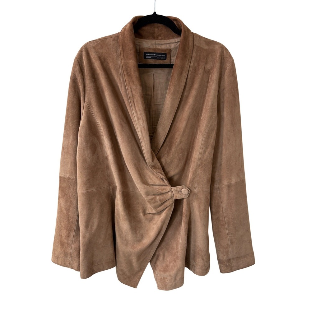 Peruvian Connection Brown Goat Suede Wrap Jacket Shawl Collar Size 18